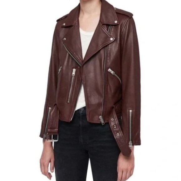 All saints Balfern Lamb Leather Biker Jacket Deep Berry Red Size 2 NEW - Picture 1 of 5